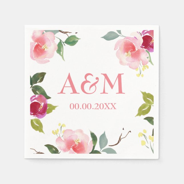 Pretty Pink Floral Watercolor Wedding Napkin (Front)
