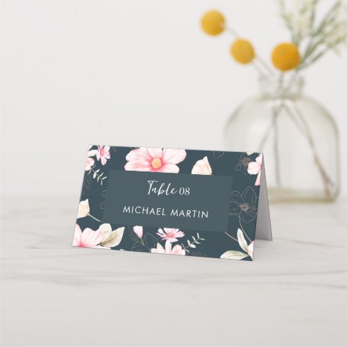 Pretty Pink Floral Wedding Table Blue Place Card