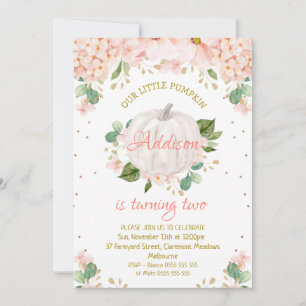Pretty Pink Floral White Pumpkin Birthday Invitation