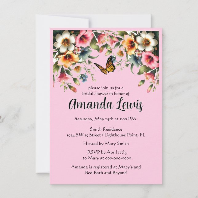 Pretty Pink Floral with Butterfly Bridal Shower Invitation (Front)
