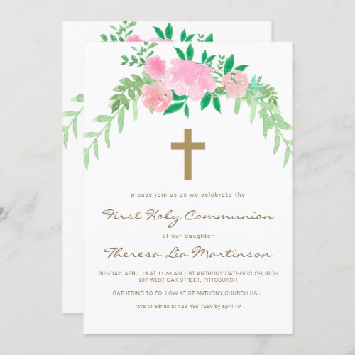Pretty Pink Floral with Cross First Holy Communion Invitation