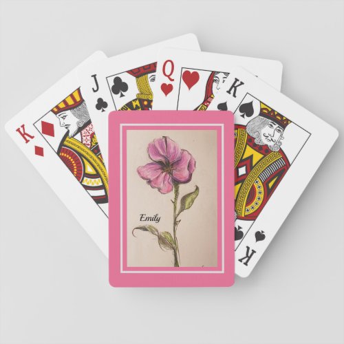 PRETTY PINK FLORAL WITH NAME POKER CARDS