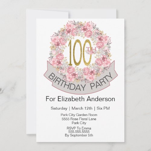Pretty Pink Floral Wreath 100th Birthday  Invitation