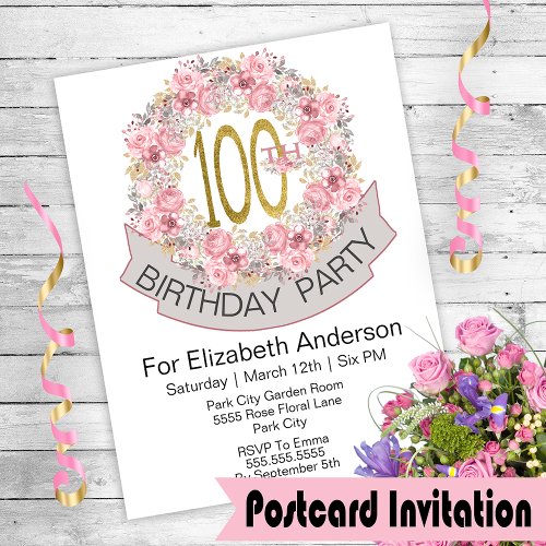 Pretty Pink Floral Wreath 100th Birthday Invite