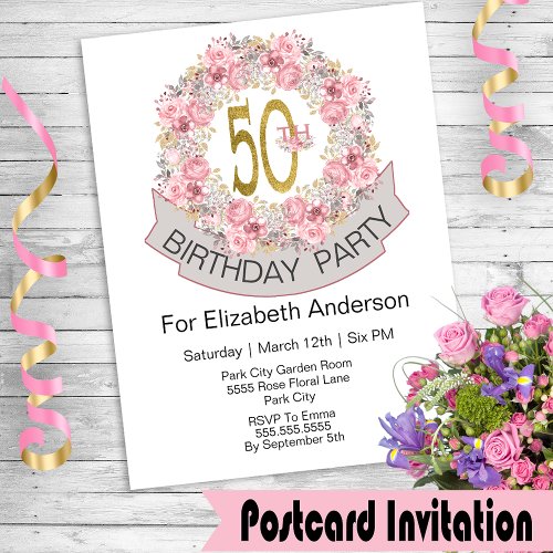 Pretty Pink Floral Wreath 50th Birthday Invite