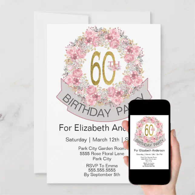 Pretty Pink Floral Wreath 60th Birthday Invitation | Zazzle