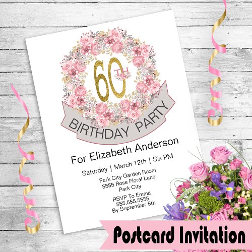 Pretty Pink Floral Wreath 60th Birthday Invite