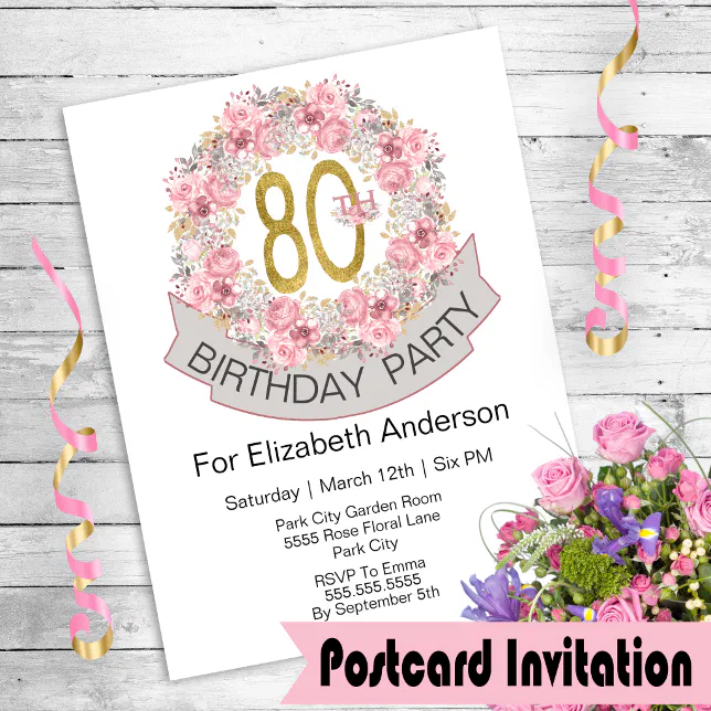 Pretty Pink Floral Wreath 80th Birthday Postcard Zazzle 5361