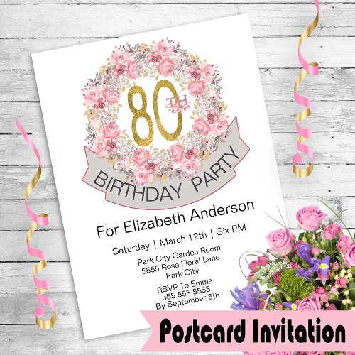 Pretty Pink Floral Wreath 80th Birthday Postcard