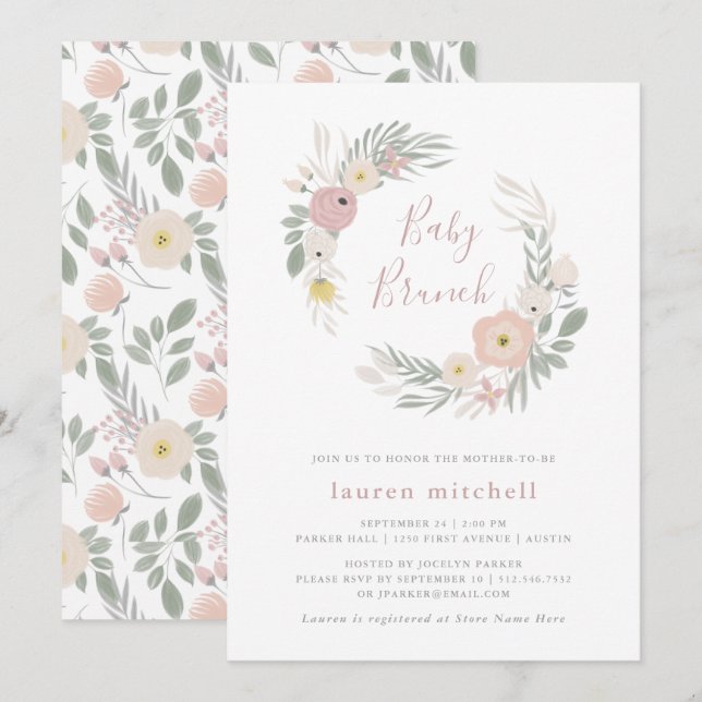 Pretty Pink Floral Wreath | Baby Brunch Invitation (Front/Back)