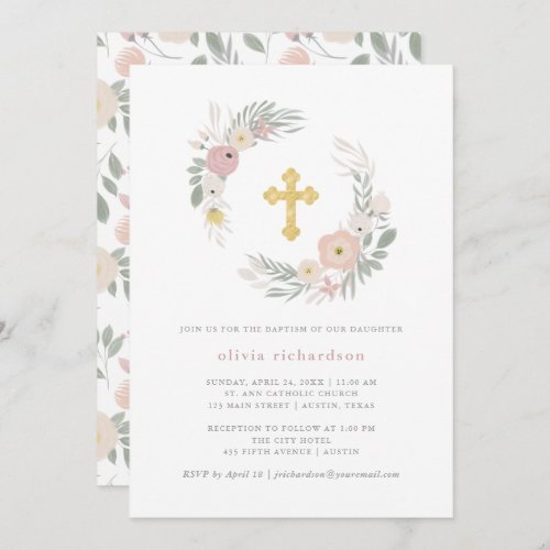 Pretty Pink Floral Wreath  Baptism Invitation