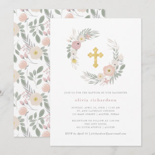 Pretty Pink Floral Wreath Baptism Invitation
