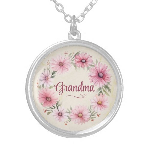 Pretty Pink Floral Wreath Beige Background Grandma Silver Plated Necklace