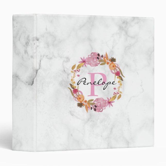 Pretty Pink Floral Wreath Monogram Binder (Front/Spine)