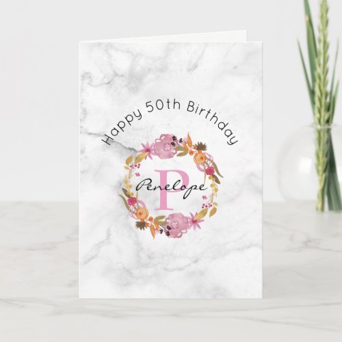 Pretty Pink Floral Wreath Monogram Birthday Card