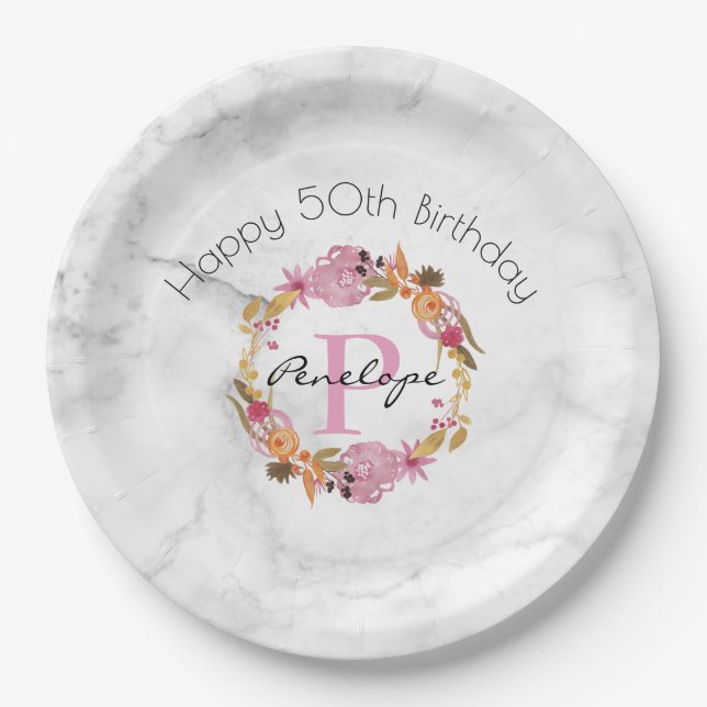 Pretty Pink Floral Wreath Monogram Birthday Paper Plates (Front)