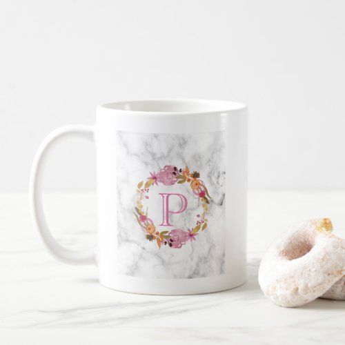 Pretty Pink Floral Wreath Monogram Coffee Mug