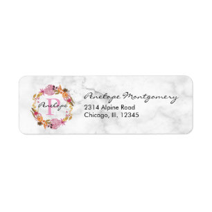 Pretty Pink Floral Wreath Monogram Label