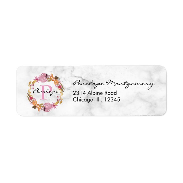 Pretty Pink Floral Wreath Monogram Label (Front)