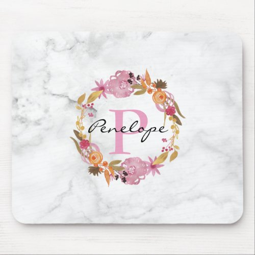 Pretty Pink Floral Wreath Monogram Mouse Pad
