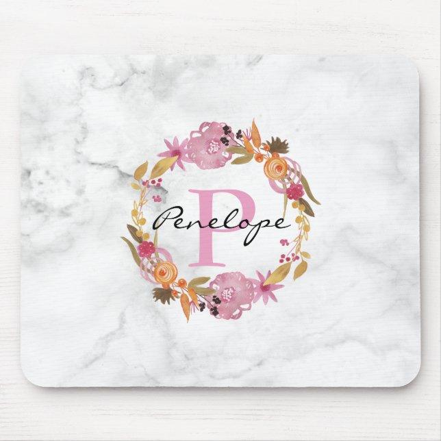 Pretty Pink Floral Wreath Monogram Mouse Pad (Front)