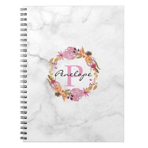 Pretty Pink Floral Wreath Monogram Notebook