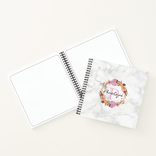 Pretty Pink Floral Wreath Monogram Notebook