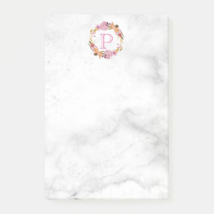 Pretty Pink Floral Wreath Monogram Post-it Notes