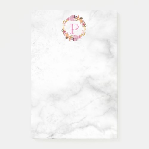 Pretty Pink Floral Wreath Monogram Post_it Notes