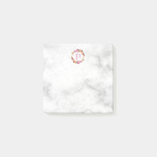 Pretty Pink Floral Wreath Monogram Post-it Notes