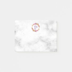 Pretty Pink Floral Wreath Monogram Post-it Notes