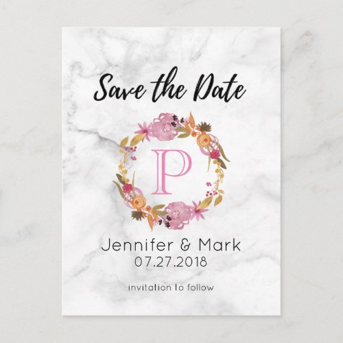 Pretty Pink Floral Wreath Monogram Save The Date Announcement Postcard