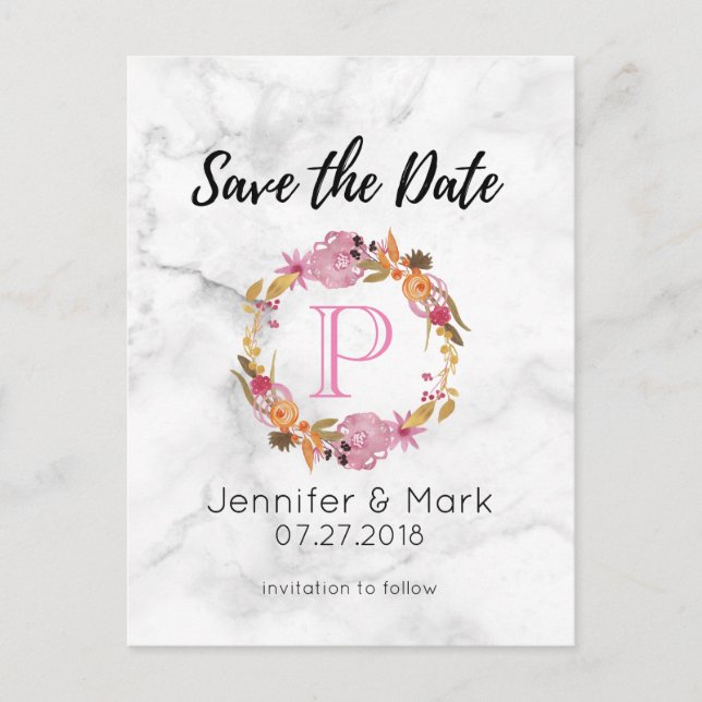 Pretty Pink Floral Wreath Monogram Save The Date Announcement Postcard (Front)