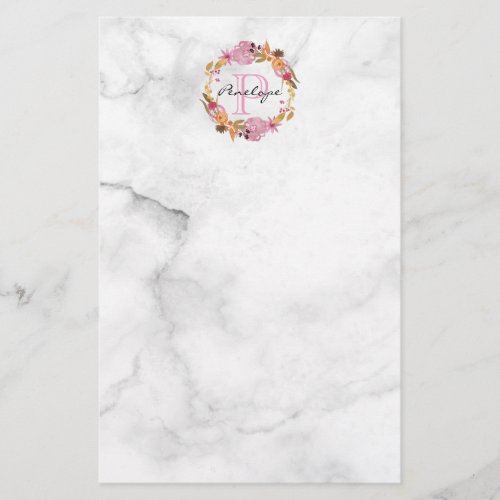 Pretty Pink Floral Wreath Monogram Stationery