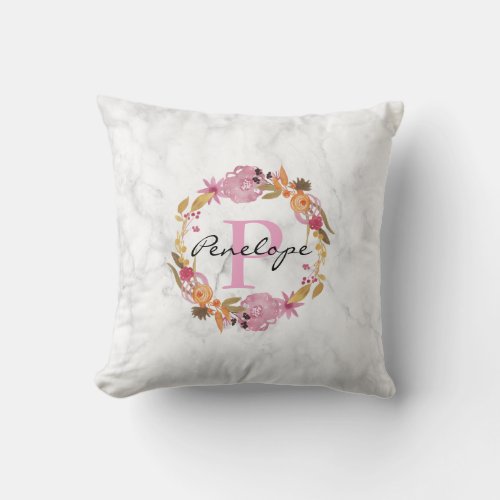 Pretty Pink Floral Wreath Monogram Throw Pillow