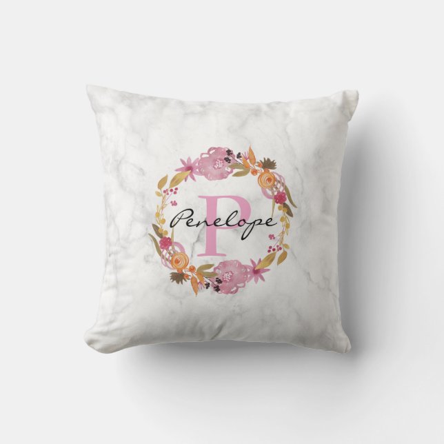 Pretty Pink Floral Wreath Monogram Throw Pillow (Front)