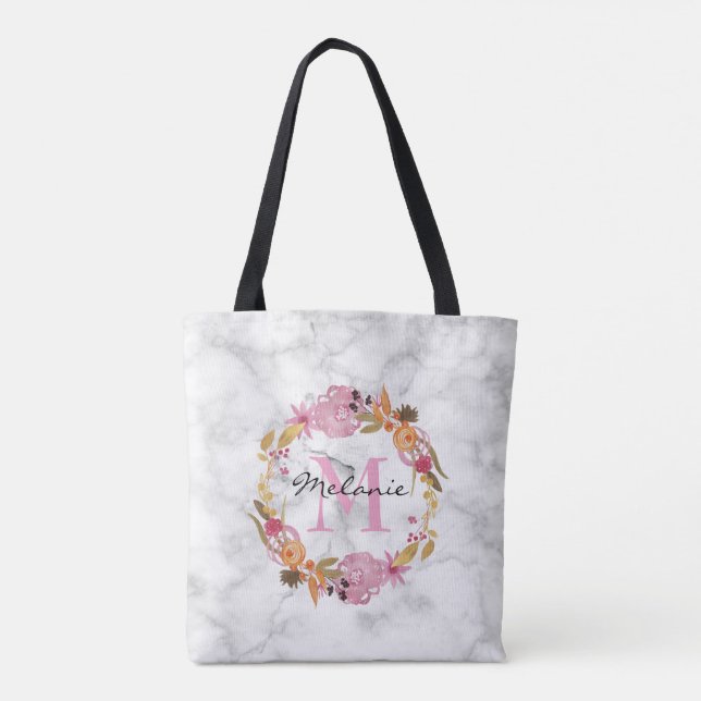 Pretty Pink Floral Wreath Monogram Tote Bag (Back)