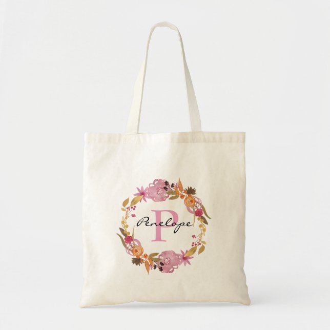 Pretty Pink Floral Wreath Monogram Tote Bag (Front)