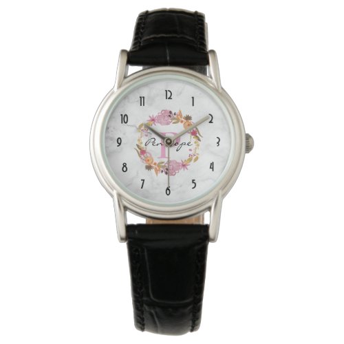 Pretty Pink Floral Wreath Monogram Watch