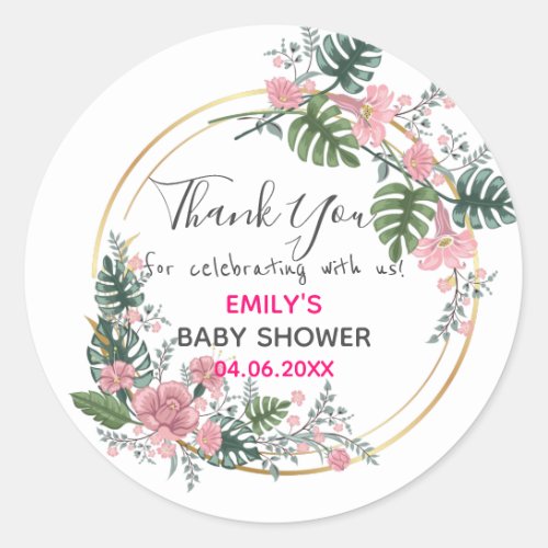 Pretty Pink Floral Wreath Thank You Baby Shower Classic Round Sticker