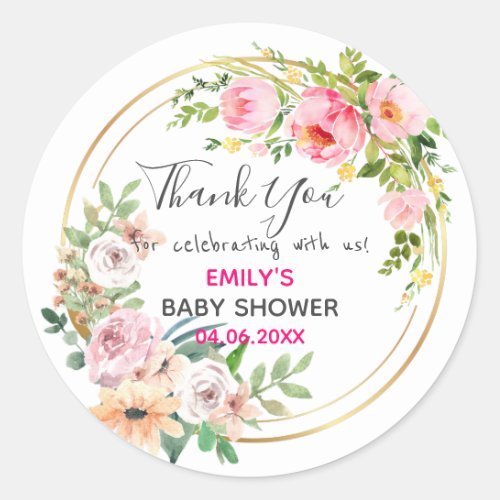 Pretty Pink Floral Wreath Thank You Baby Shower Classic Round Sticker