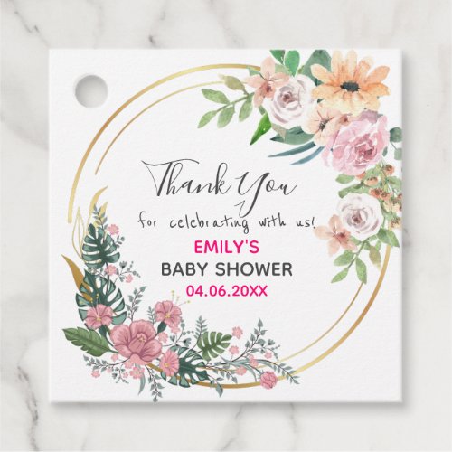 Pretty Pink Floral Wreath Thank You Baby Shower Favor Tags