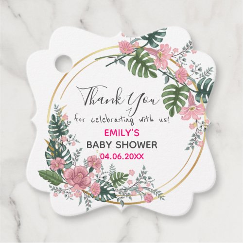 Pretty Pink Floral Wreath Thank You Baby Shower Favor Tags