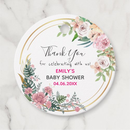 Pretty Pink Floral Wreath Thank You Baby Shower Favor Tags