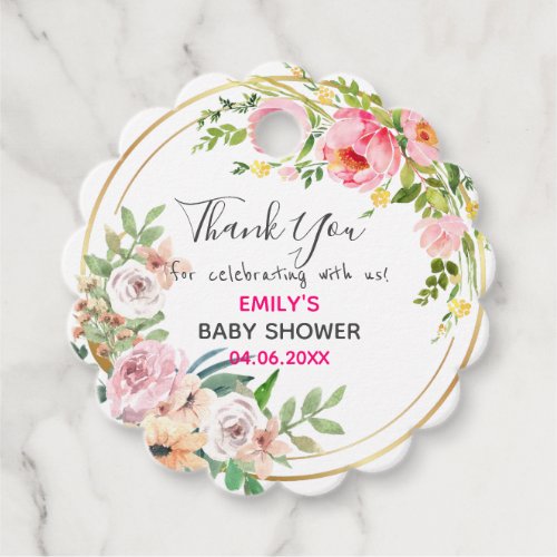 Pretty Pink Floral Wreath Thank You Baby Shower Favor Tags