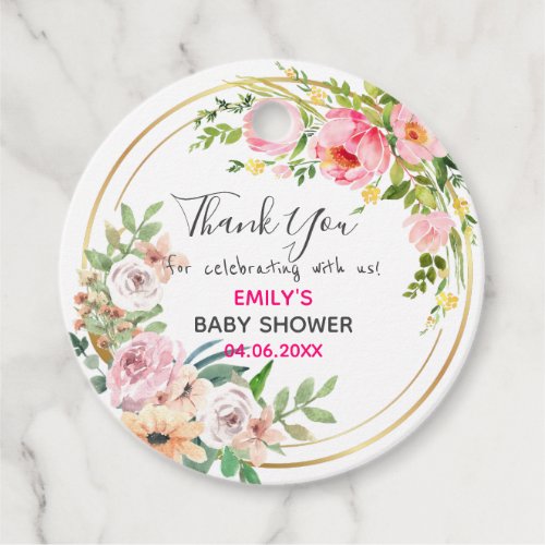 Pretty Pink Floral Wreath Thank You Baby Shower Favor Tags