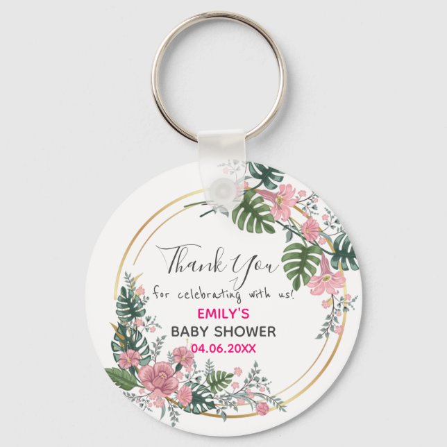 Pretty Pink Floral Wreath Thank You Baby Shower Keychain (Front)