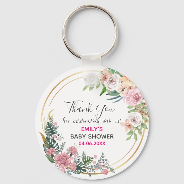 Pretty Pink Floral Wreath Thank You Baby Shower Keychain (Front)