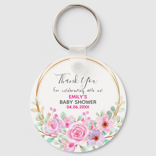 Pretty Pink Floral Wreath Thank You Baby Shower Keychain (Front)