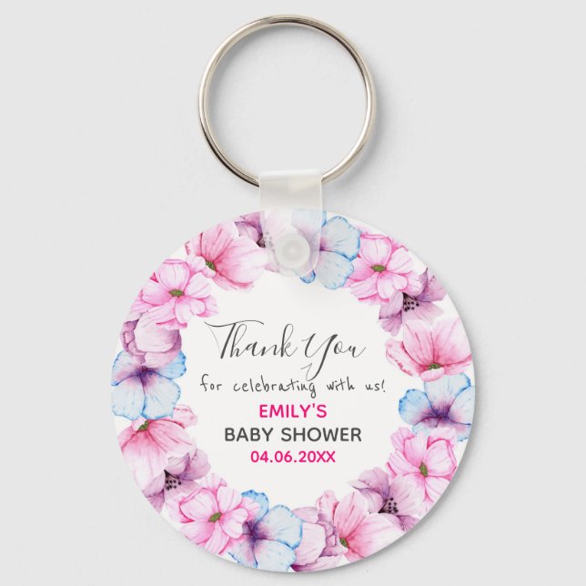 Pretty Pink Floral Wreath Thank You Baby Shower Keychain (Front)